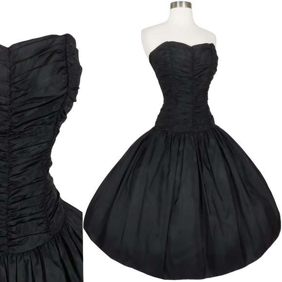 Vintage 80s Black Taffeta Full Skirt Strapless Smocked Back Prom Party Dress XS